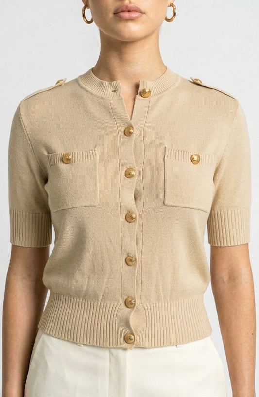 Short Sleeve Knit Cardigan with Gold Button Front and Patch Pockets