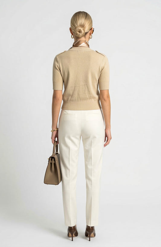 Short Sleeve Knit Cardigan with Gold Button Front and Patch Pockets