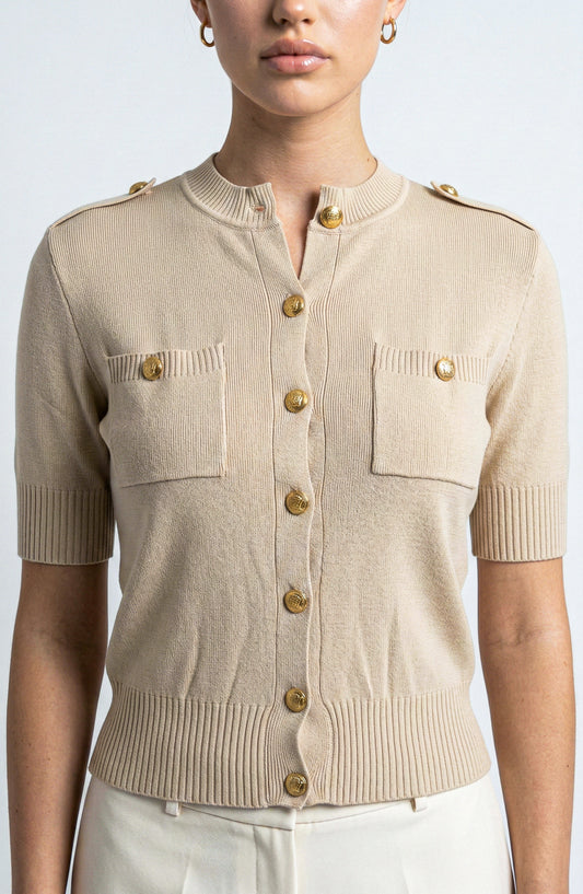 Short Sleeve Knit Cardigan with Gold Button Front and Patch Pockets