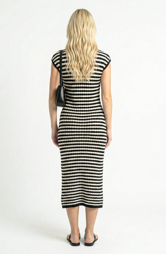 Cap Sleeve Midi Knit Dress with Crew Neck and Stripe Pattern