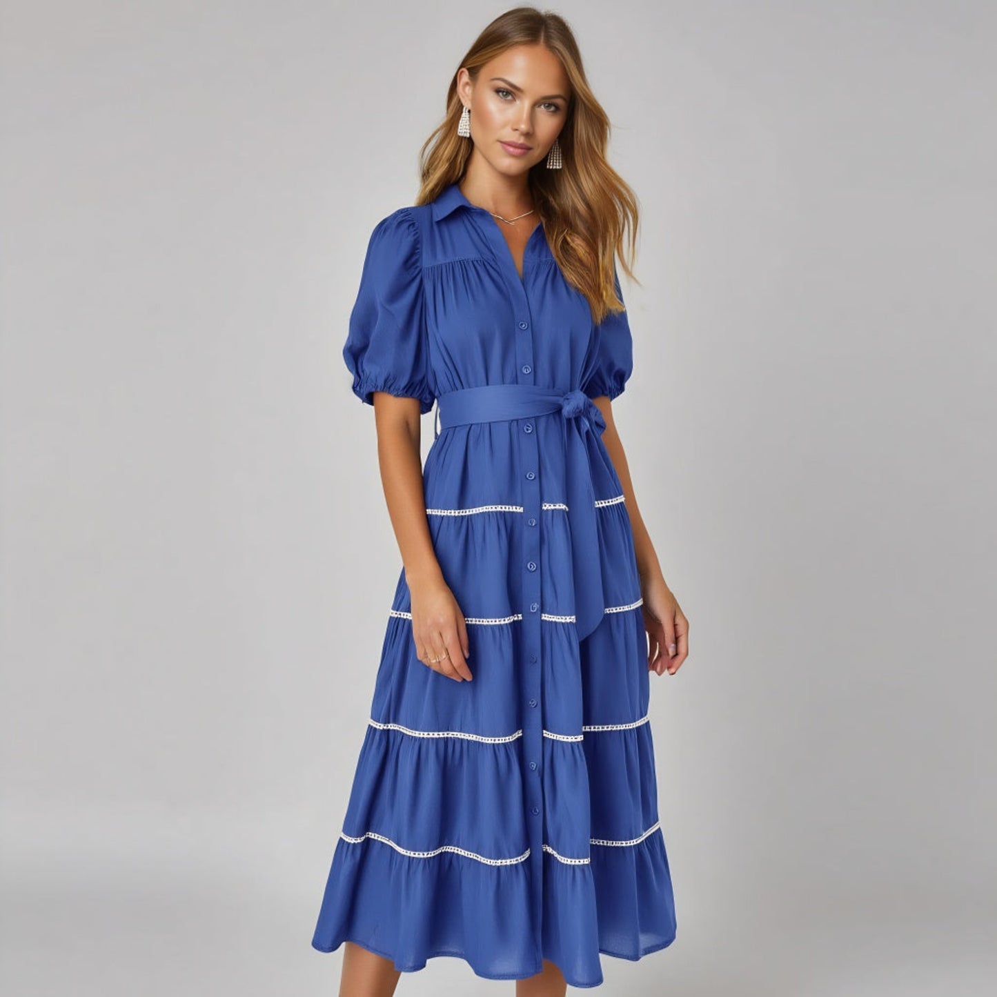 Tiered Puff Sleeve Button-Down Midi Dress Tie Waist