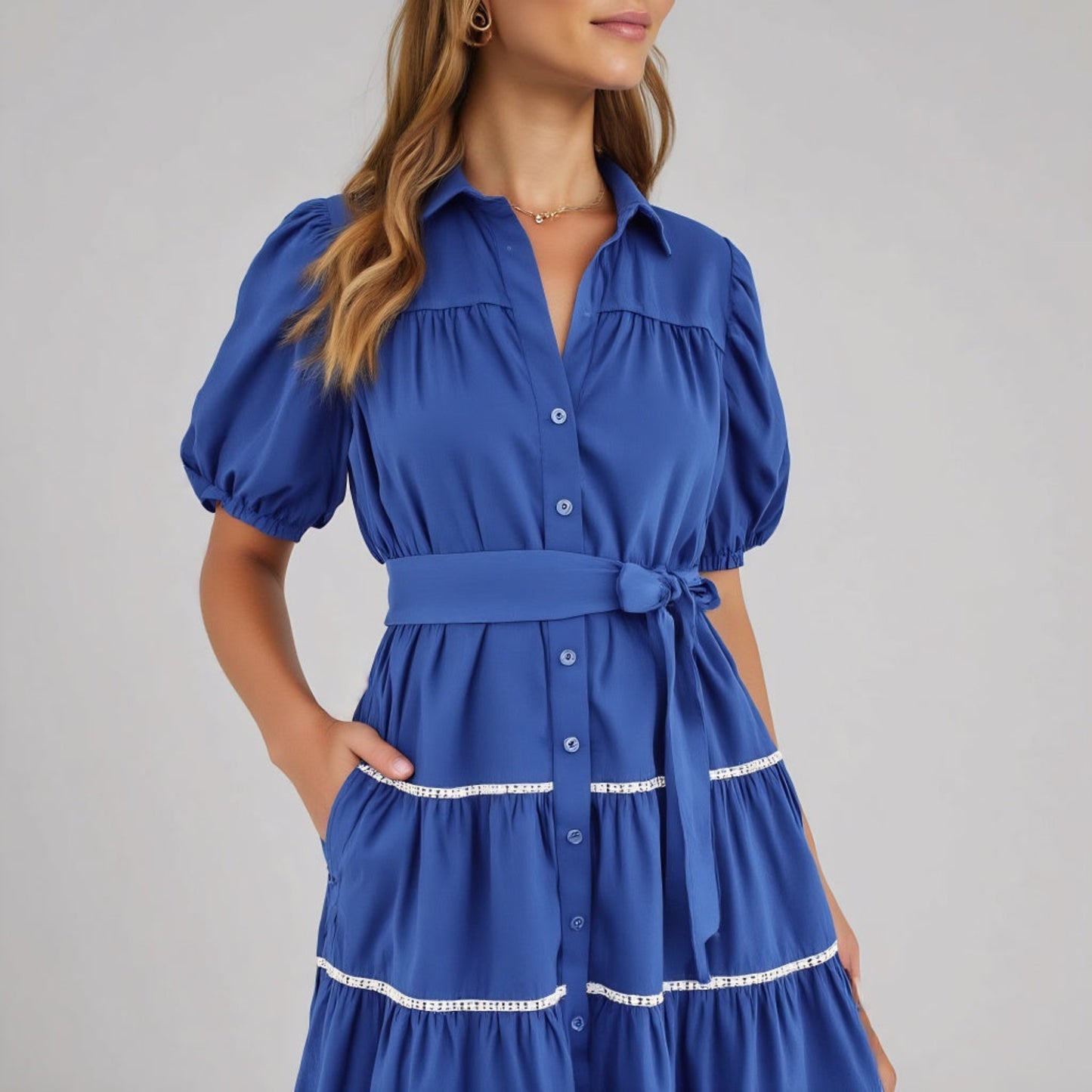 Tiered Puff Sleeve Button-Down Midi Dress Tie Waist