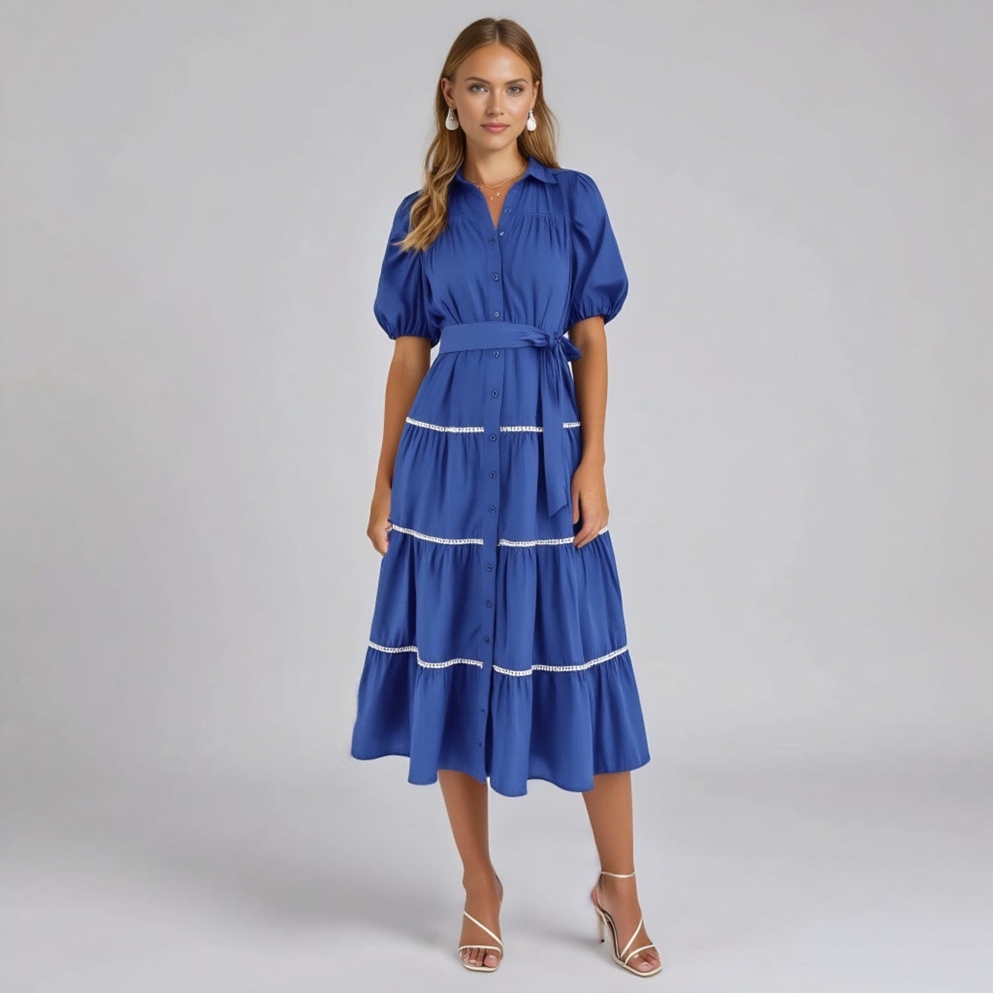 Tiered Puff Sleeve Button-Down Midi Dress Tie Waist