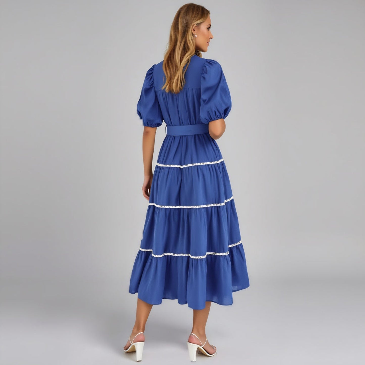 Tiered Puff Sleeve Button-Down Midi Dress Tie Waist