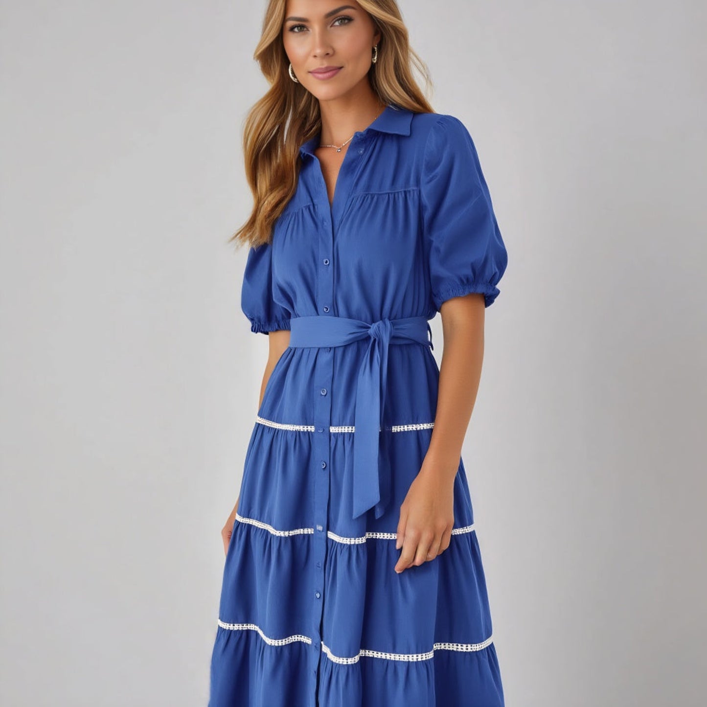 Tiered Puff Sleeve Button-Down Midi Dress Tie Waist