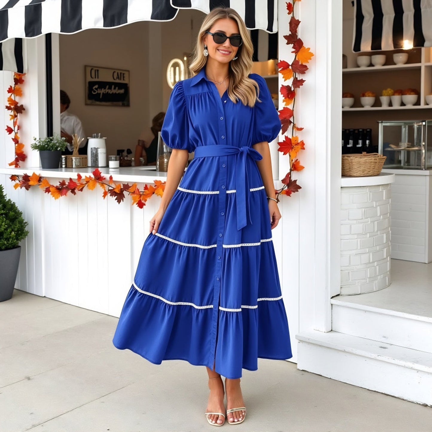 Tiered Puff Sleeve Button-Down Midi Dress Tie Waist