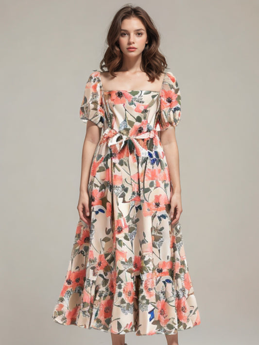 Boho Floral Print Tie Waist Puffed Short Sleeve Maxi Dress