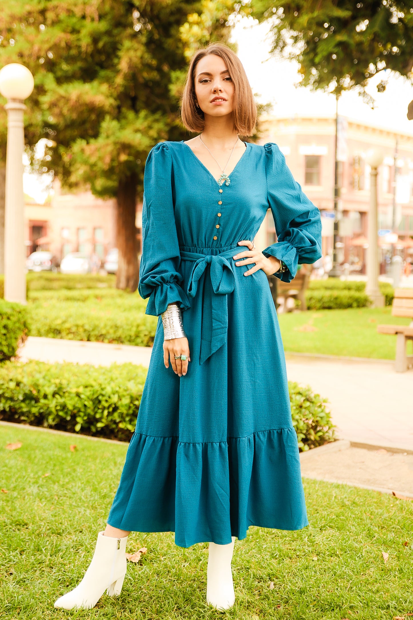 Puffed Sleeve Ruffle Hem Belted Blue Dress