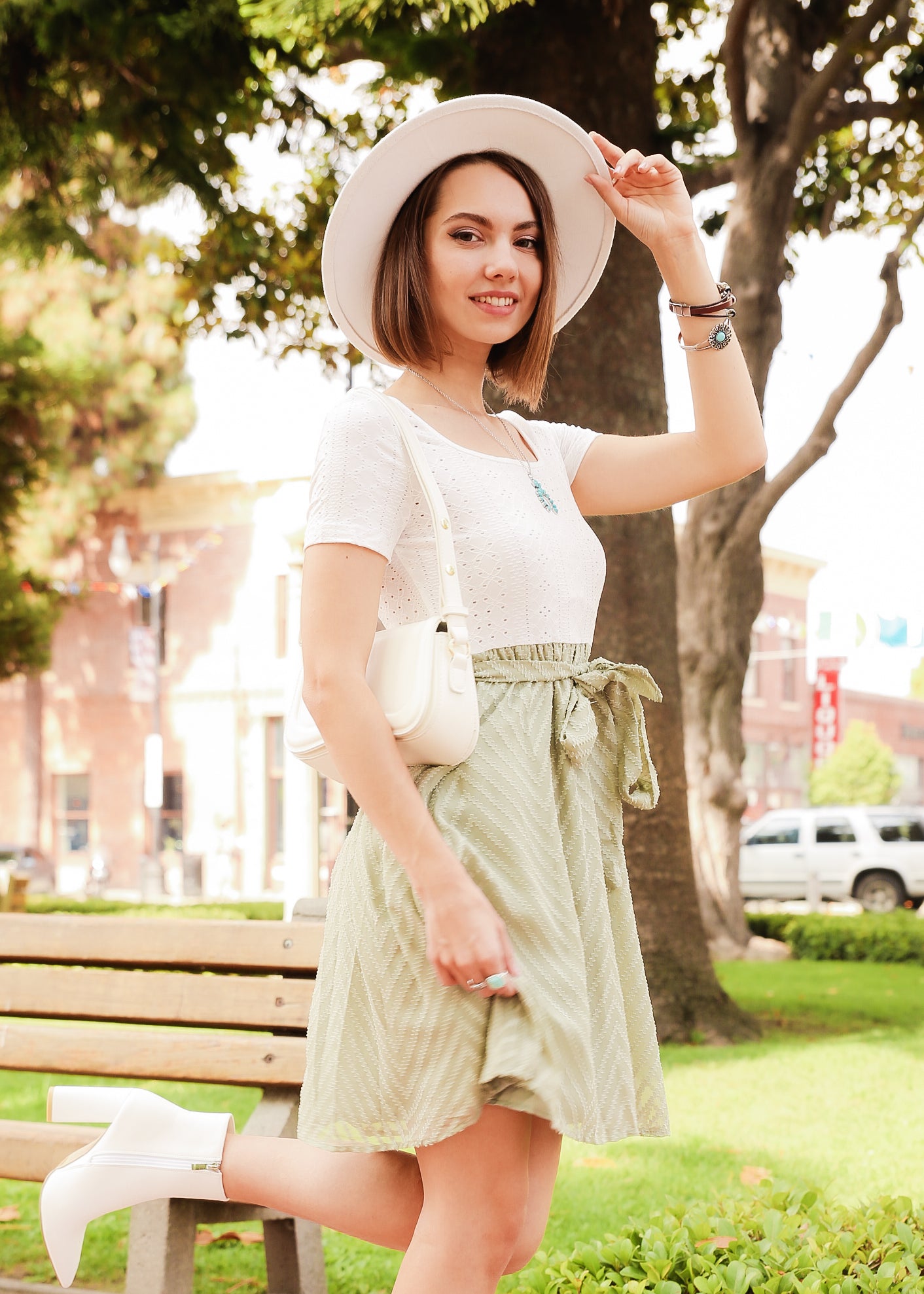 Eyelet Embroidery Square Neck Belted Green Dress