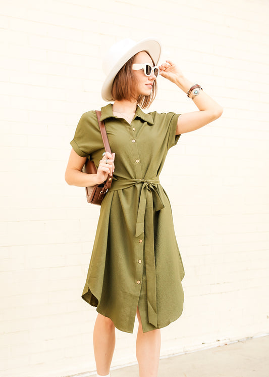 Solid Button Front Belted Shirt Textured Dress