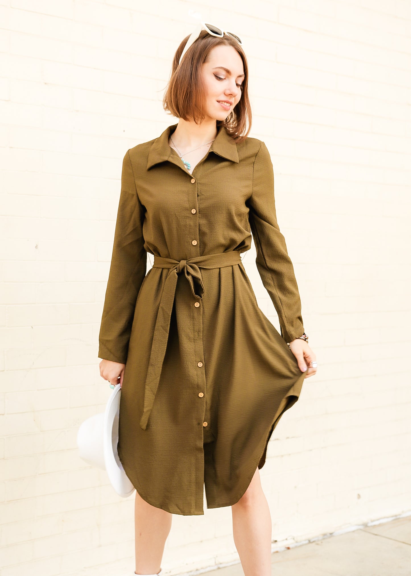 Solid Belted Shirt Long Sleeve Dress