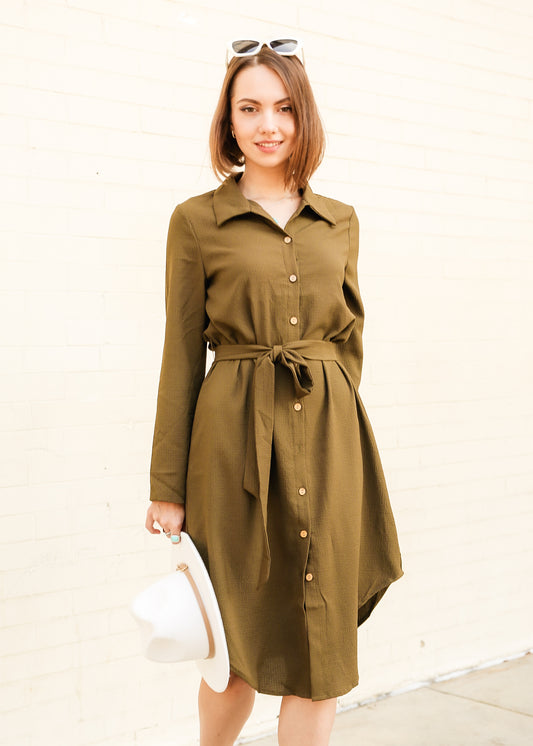 Solid Belted Shirt Long Sleeve Dress