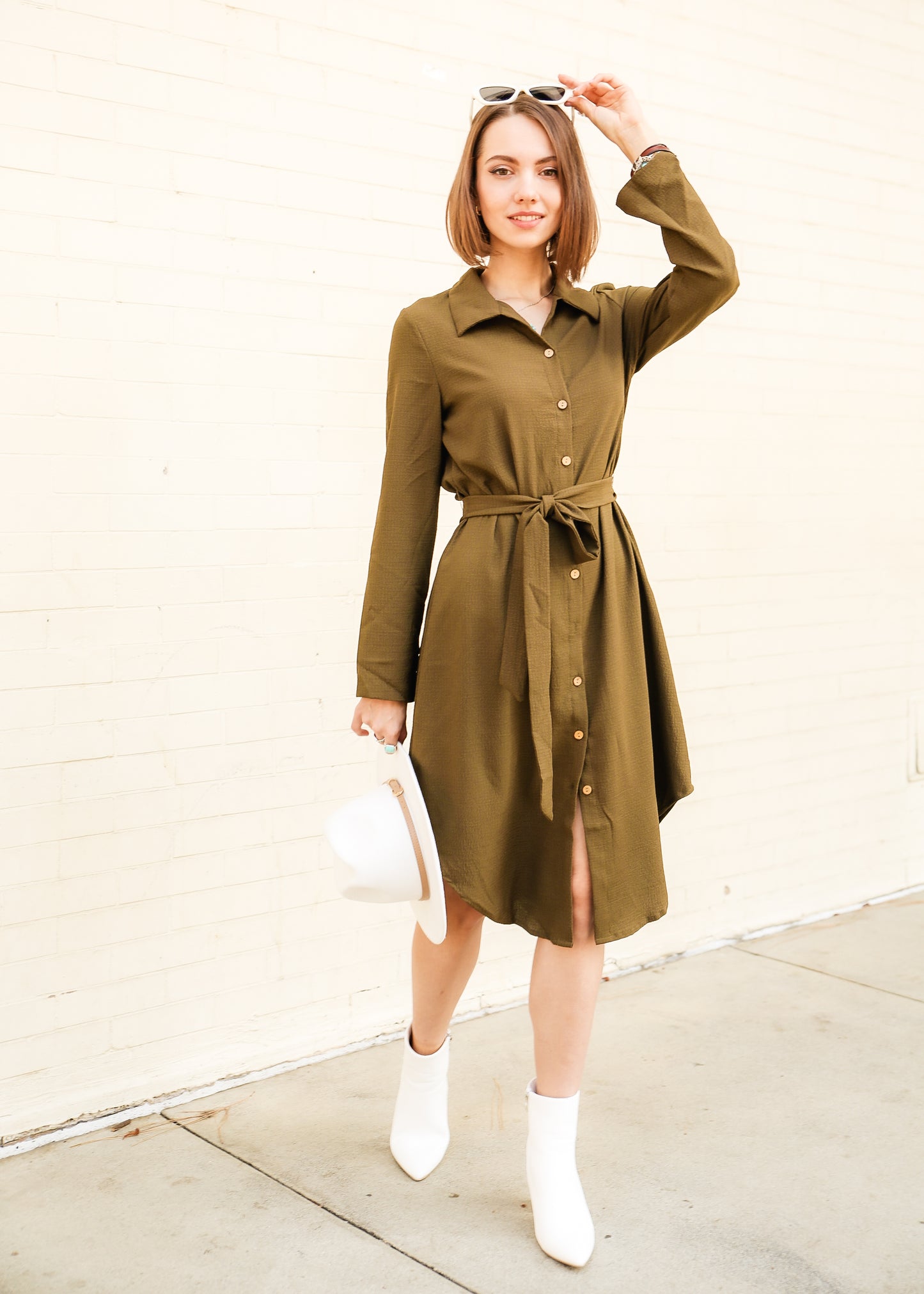 Solid Belted Shirt Long Sleeve Dress