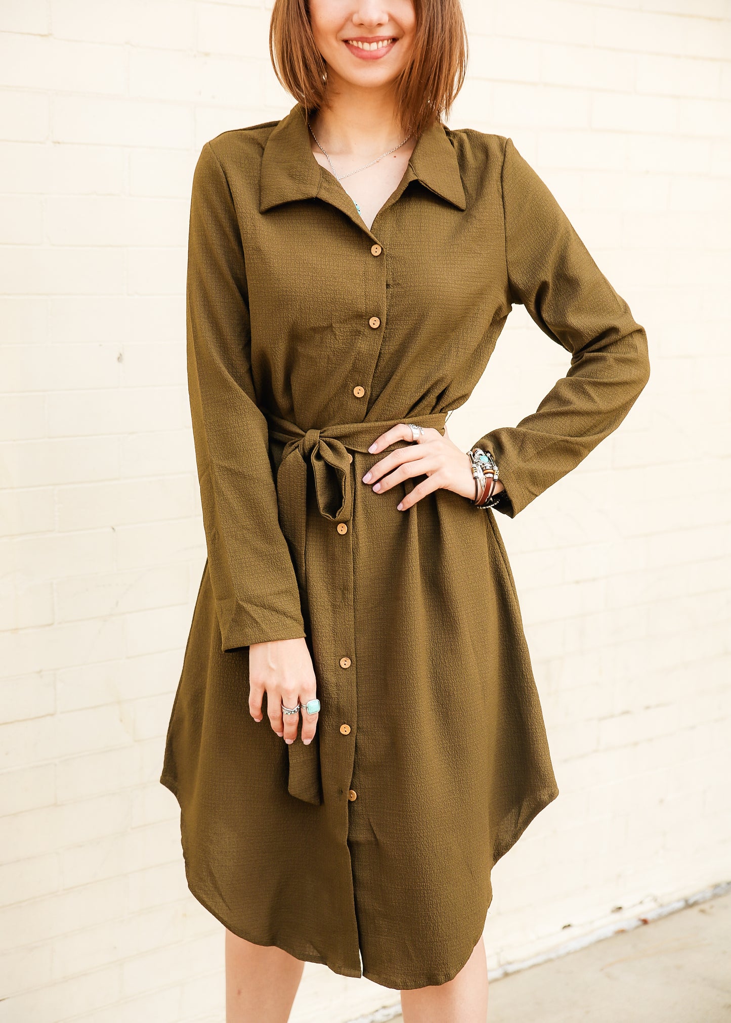 Solid Belted Shirt Long Sleeve Dress