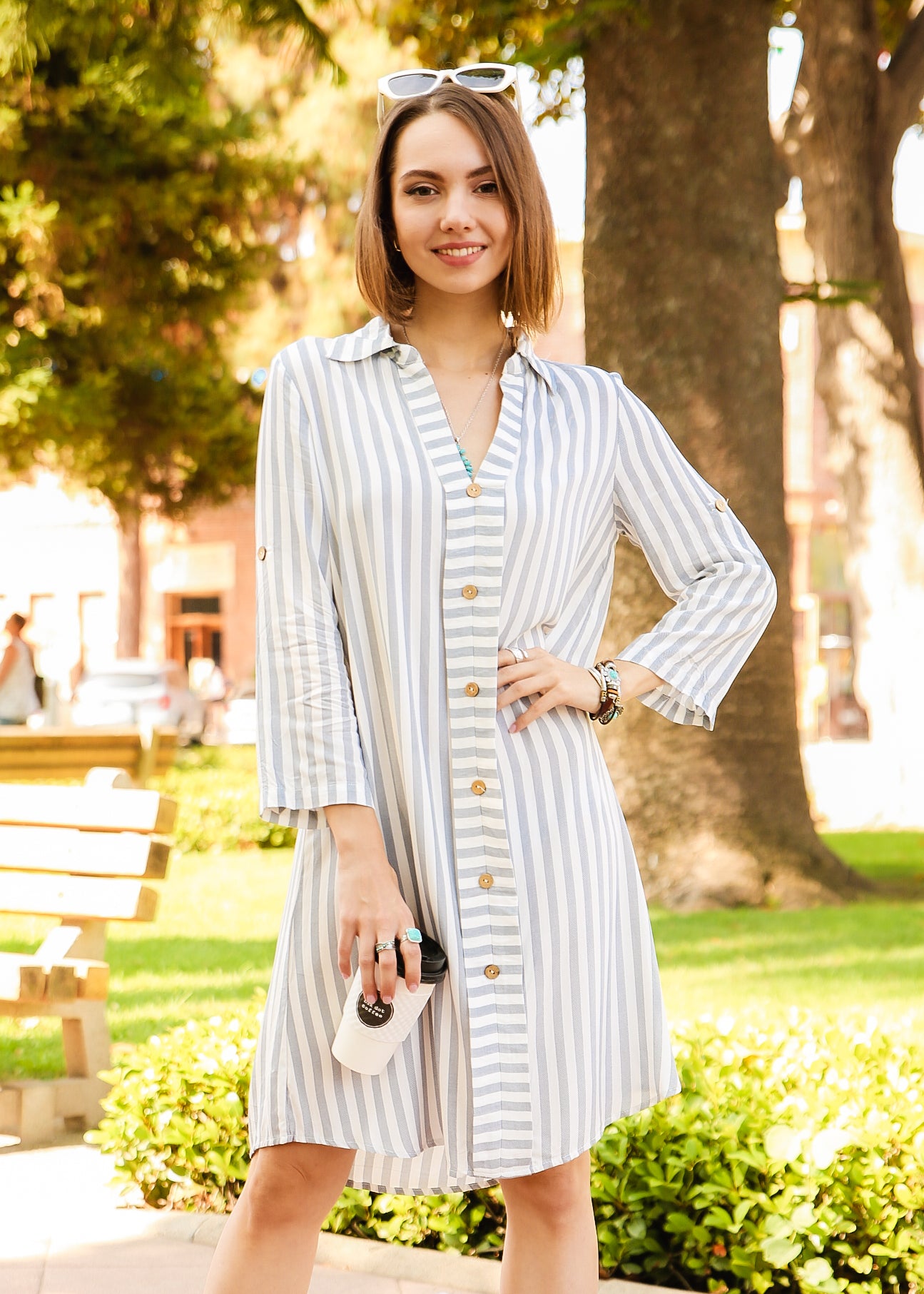 Striped Print Roll Tab Sleeve Shirt Dress