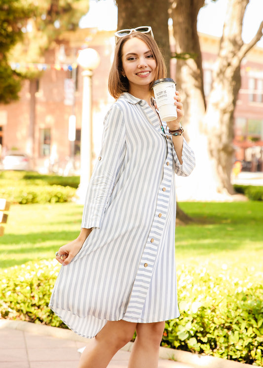 Striped Print Roll Tab Sleeve Shirt Dress