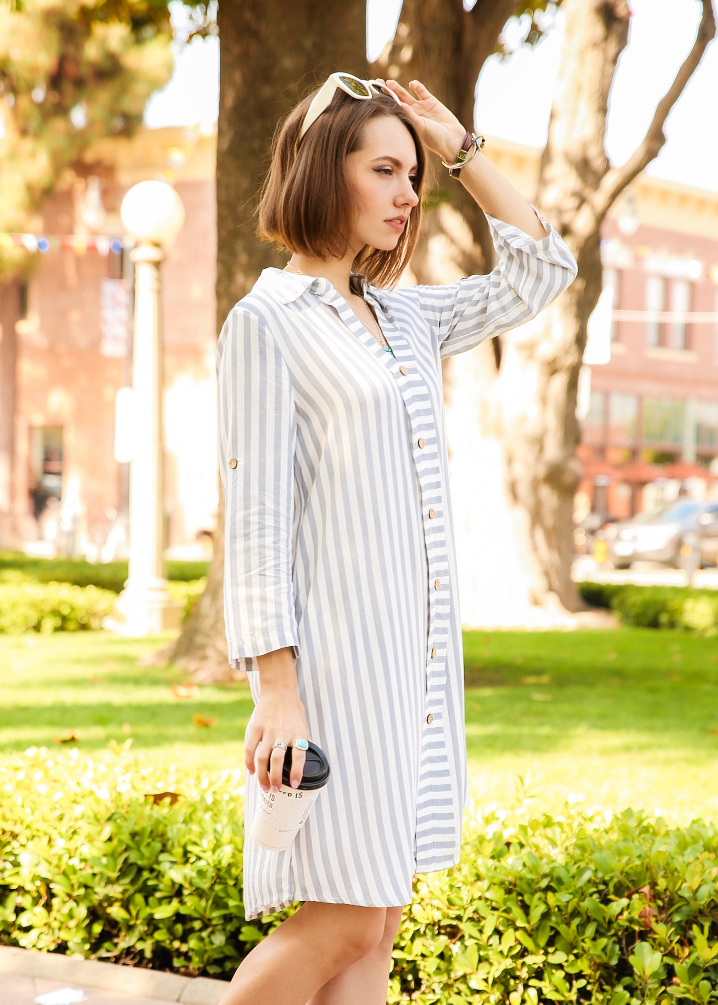 Striped Print Roll Tab Sleeve Shirt Dress