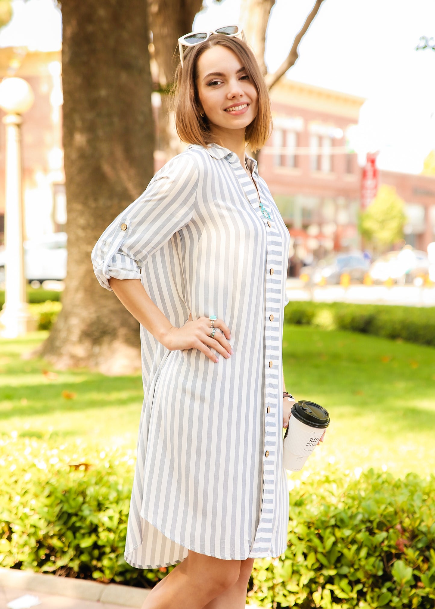 Striped Print Roll Tab Sleeve Shirt Dress