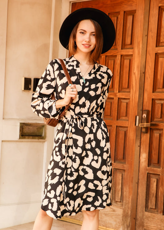 Leopard Print Roll Tab Sleeve Belted Dress