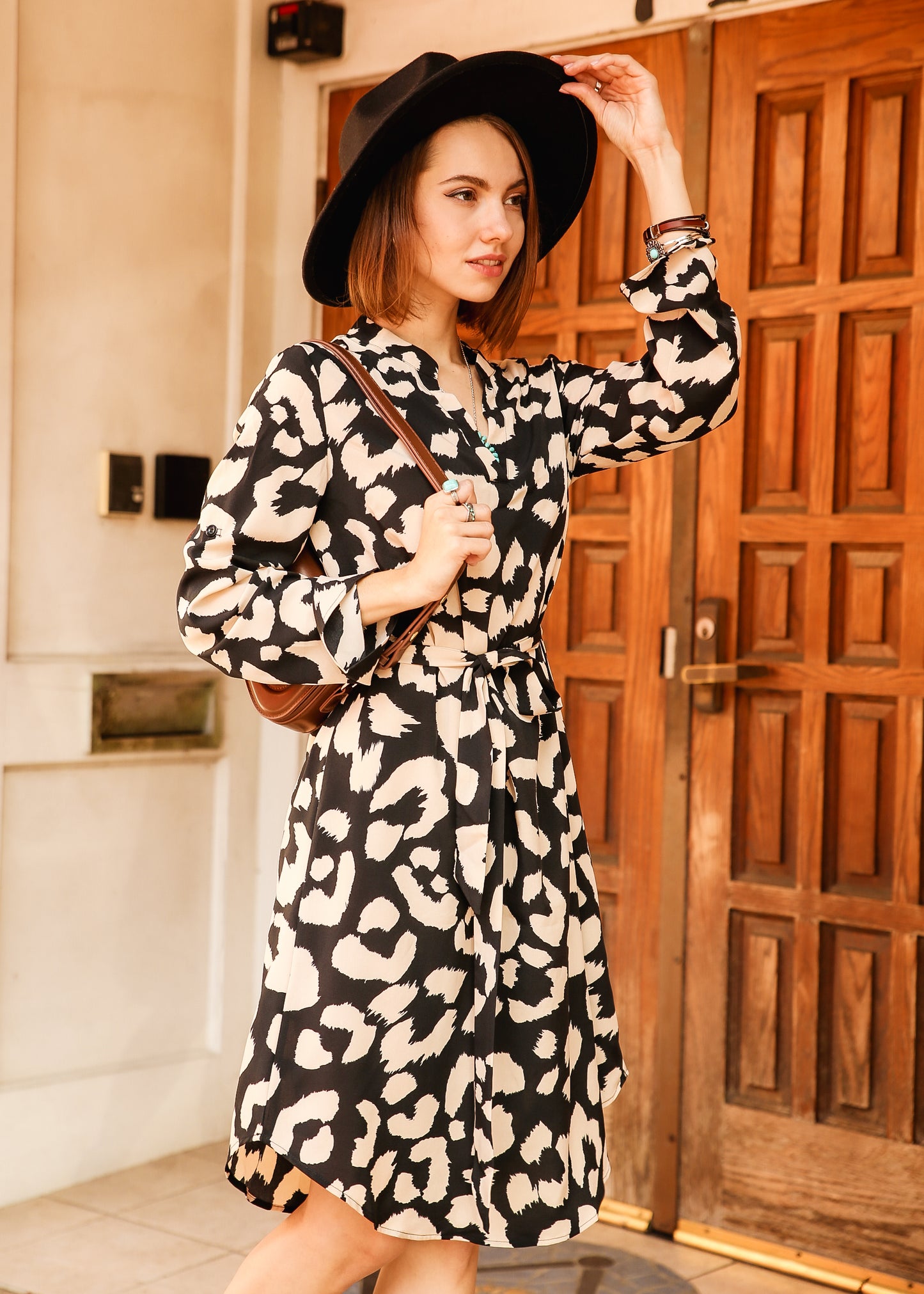 Leopard Print Roll Tab Sleeve Belted Dress