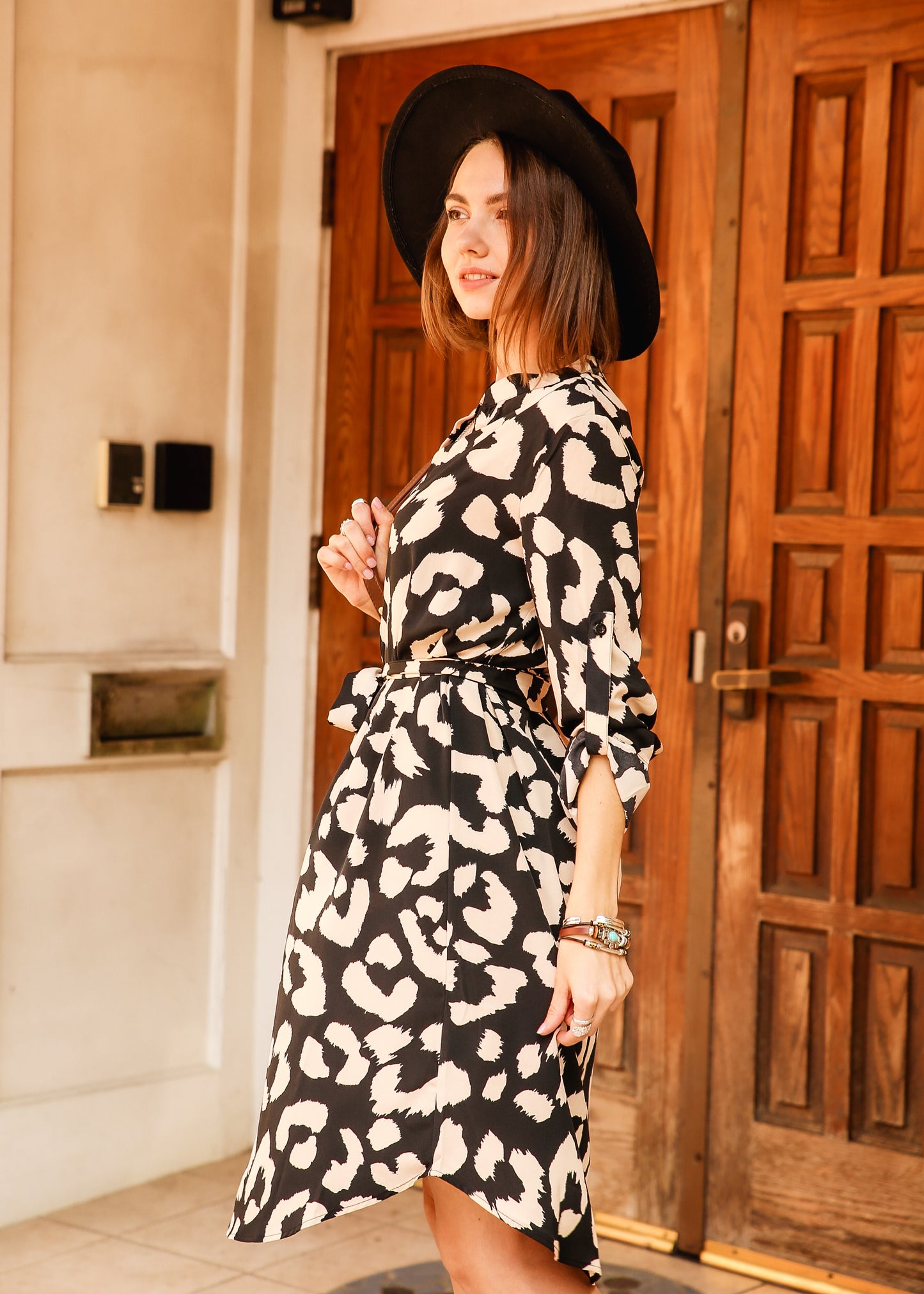 Leopard Print Roll Tab Sleeve Belted Dress