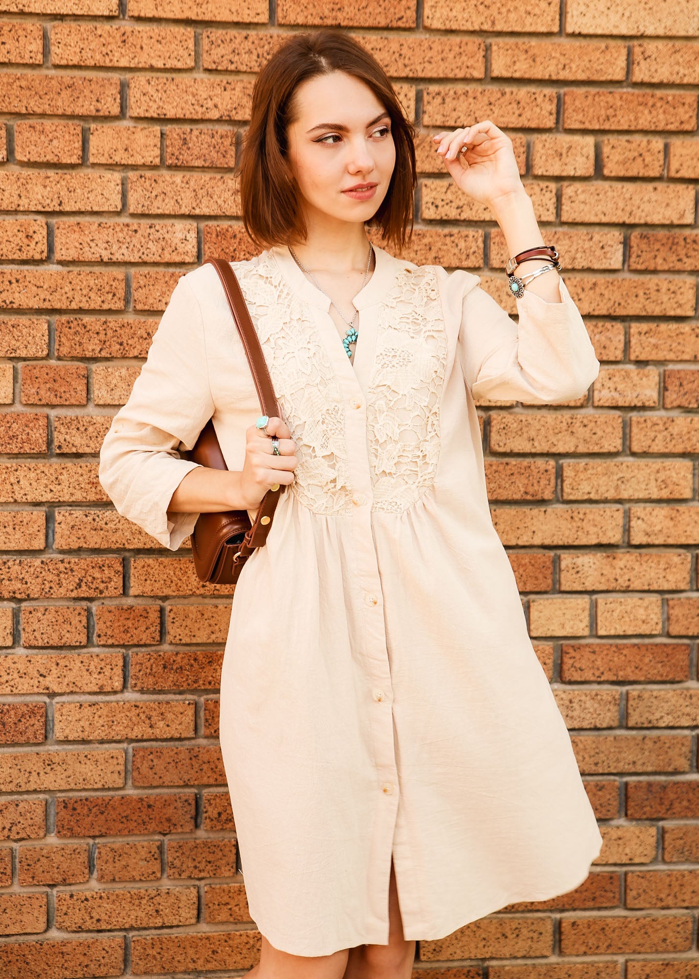 Contrast Lace Roll Tab Sleeve Button Front Smock Dress