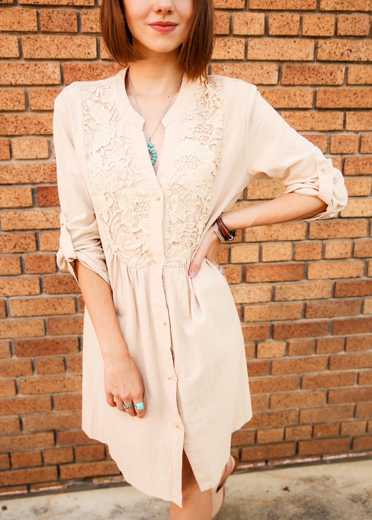 Contrast Lace Roll Tab Sleeve Button Front Smock Dress