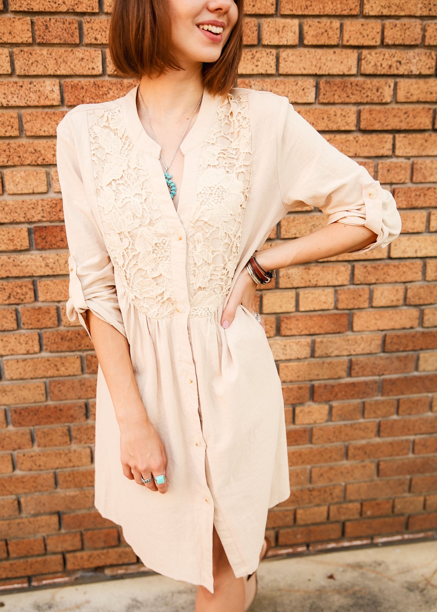 Contrast Lace Roll Tab Sleeve Button Front Smock Dress