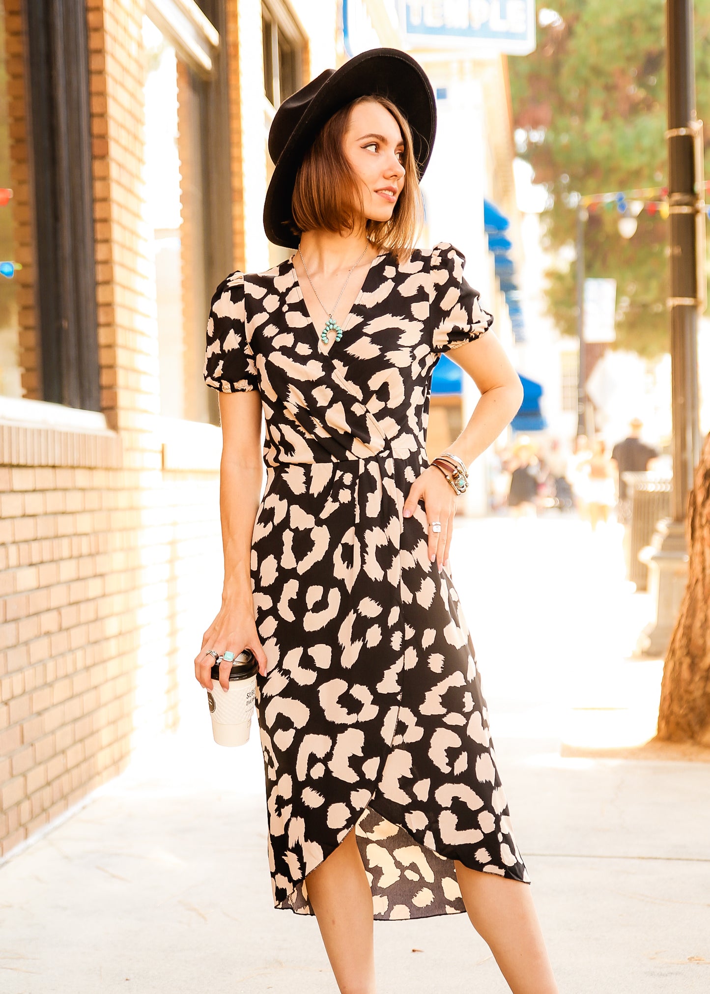 Leopard Print Puff Sleeve Wrap Hem Dress