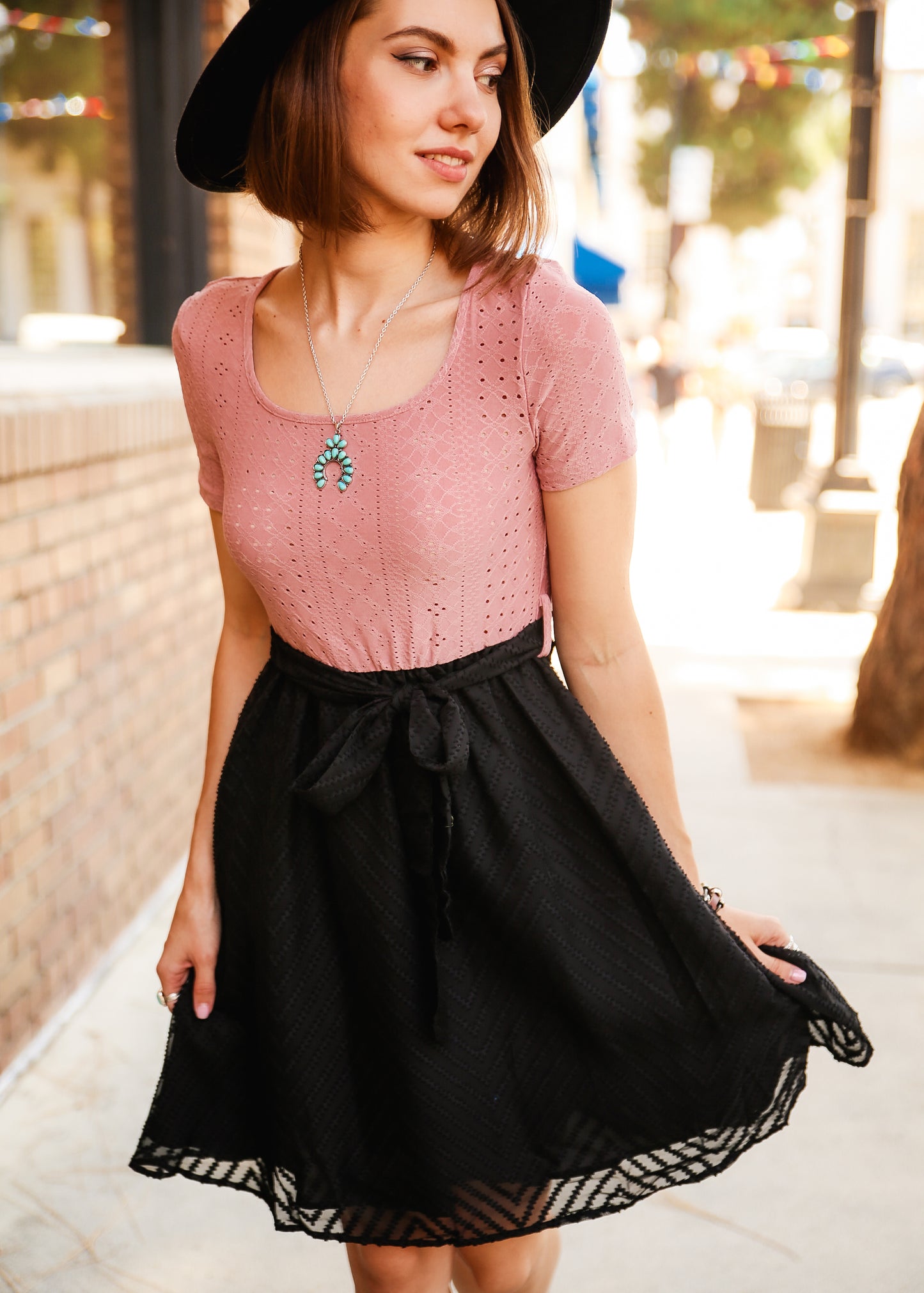 Eyelet Embroidery Square Neck Belted Mauve Dress