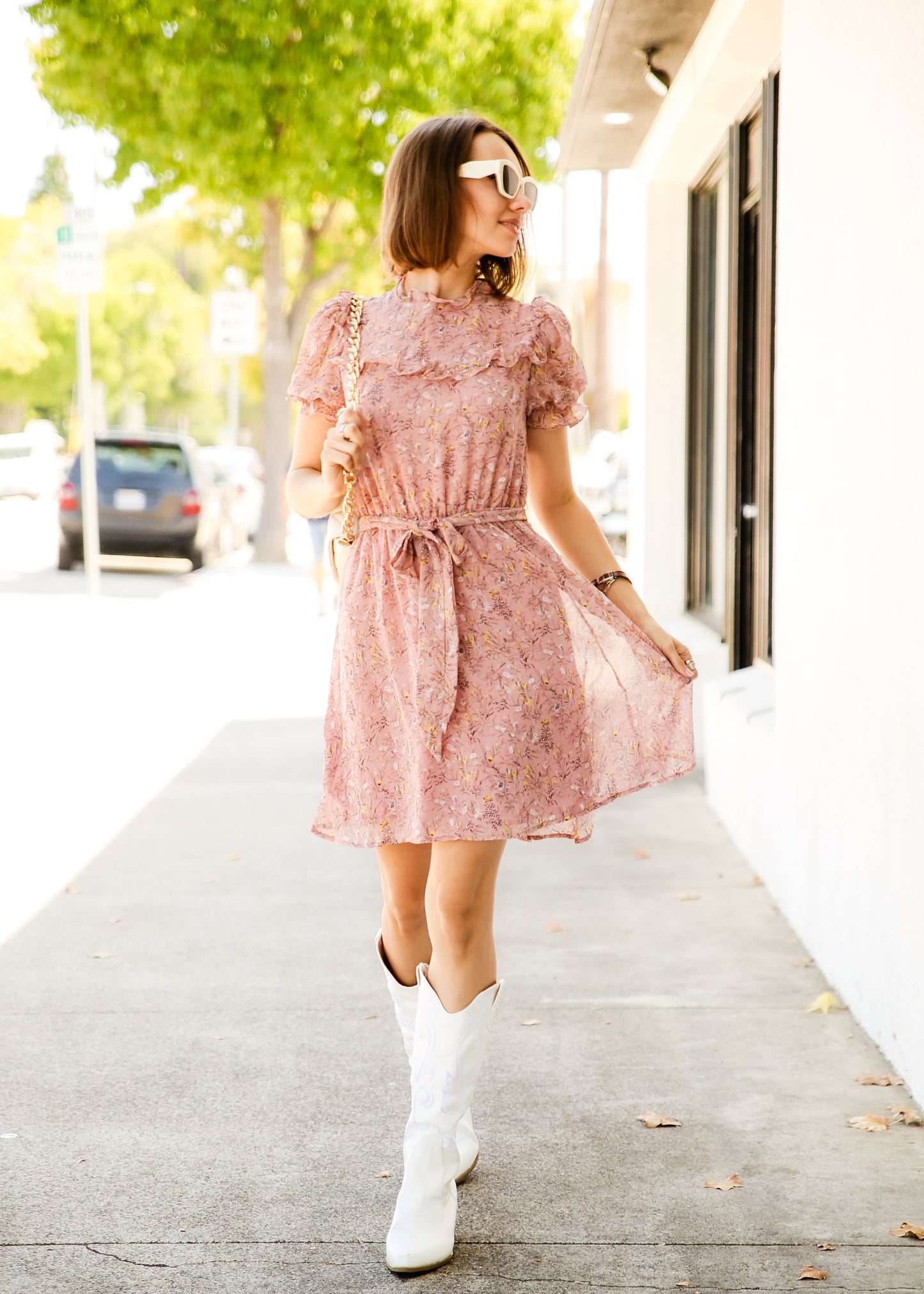 Allover Floral Print Frill Trim Belted Dress