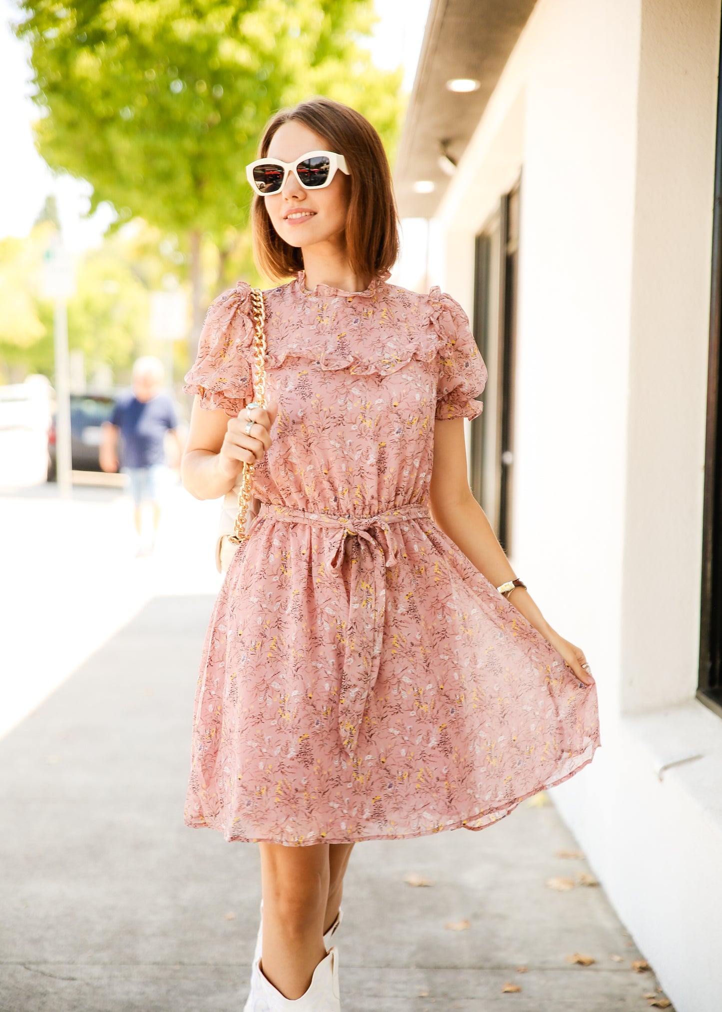 Allover Floral Print Frill Trim Belted Dress