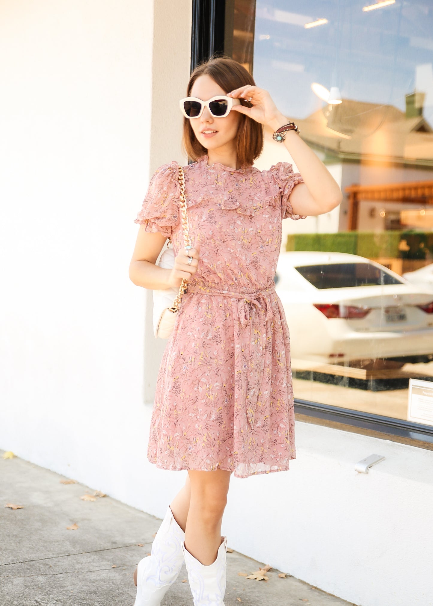 Allover Floral Print Frill Trim Belted Dress