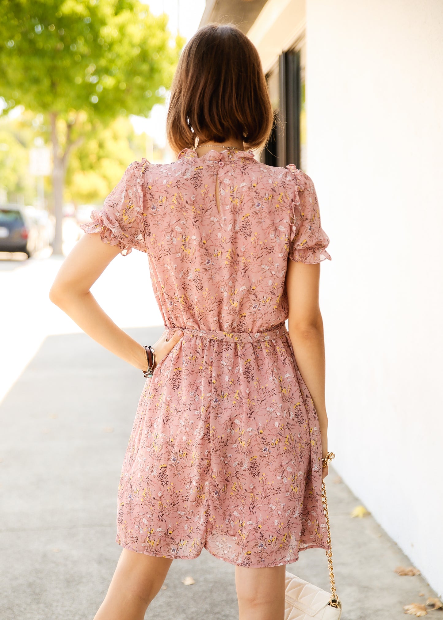 Allover Floral Print Frill Trim Belted Dress