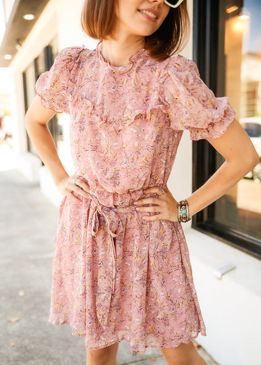 Allover Floral Print Frill Trim Belted Dress