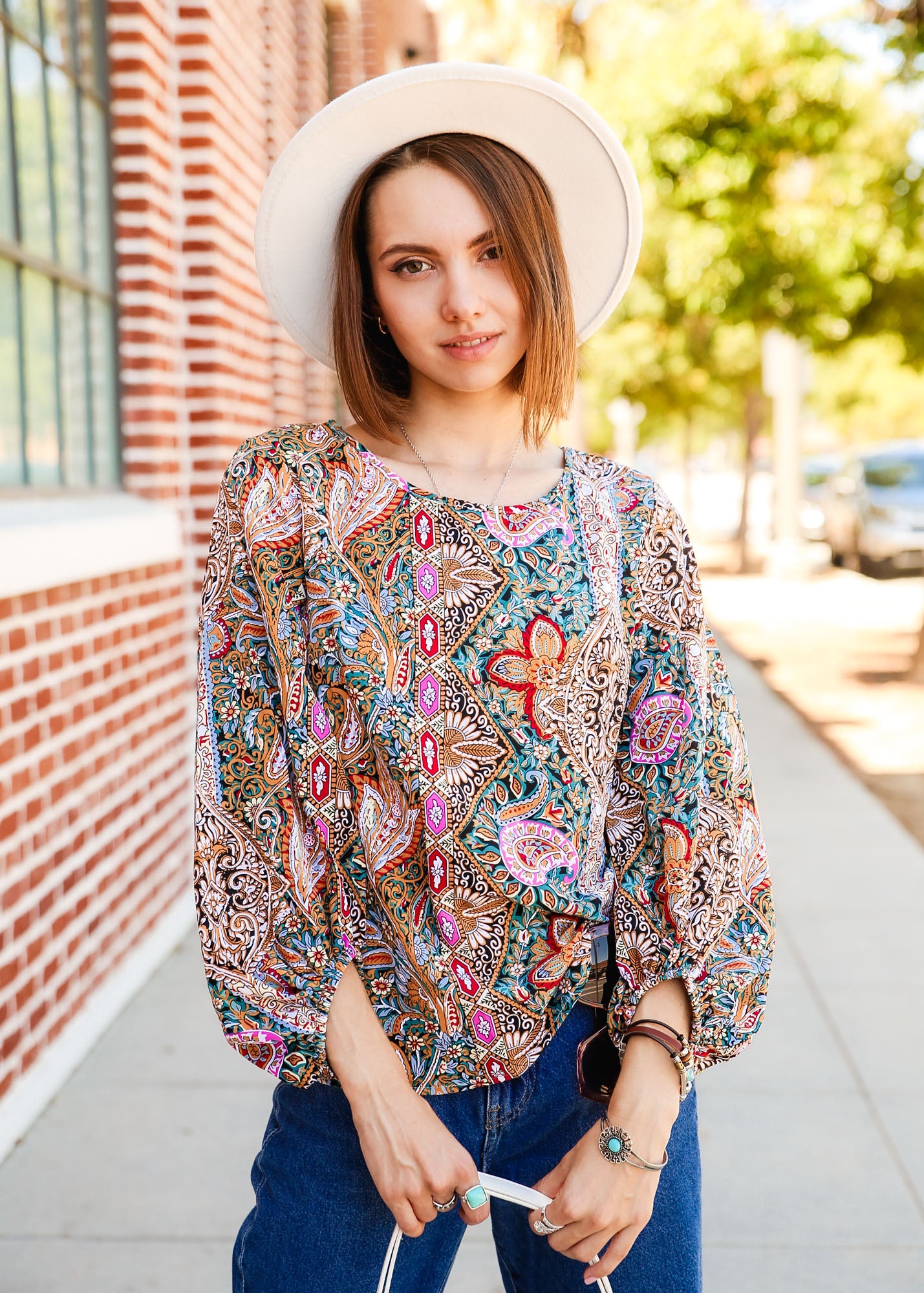 Paisley Print Lantern Long Sleeve Bishop Blouse