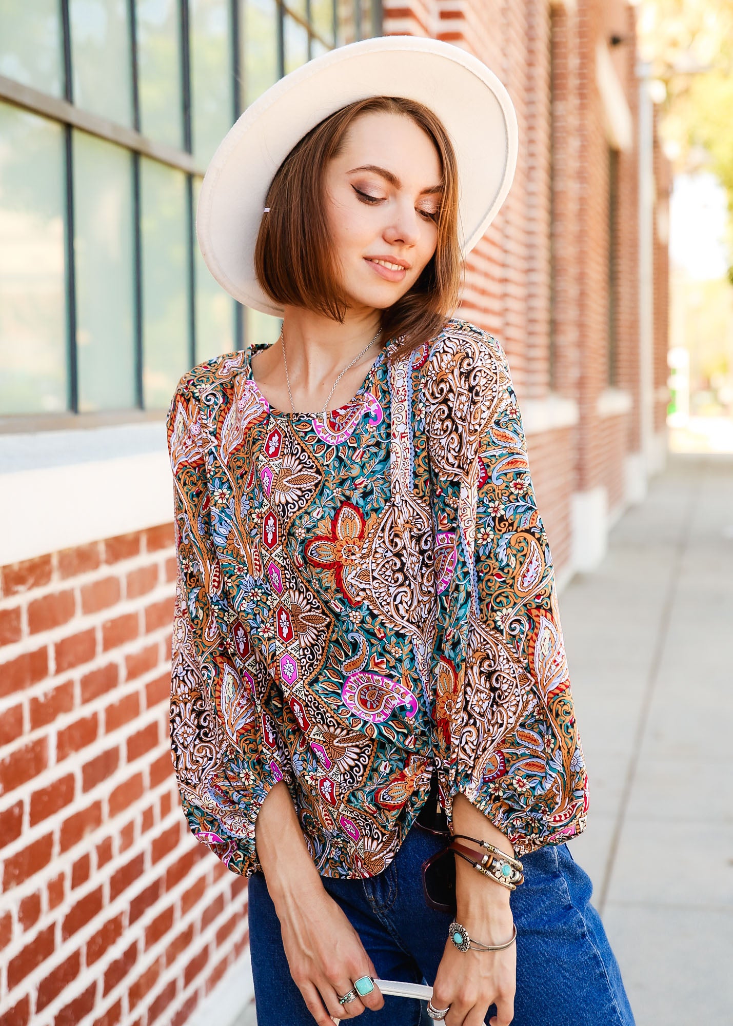 Paisley Print Lantern Long Sleeve Bishop Blouse