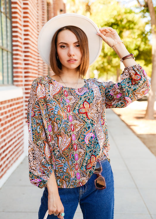 Paisley Print Bishop Sleeve Blouse