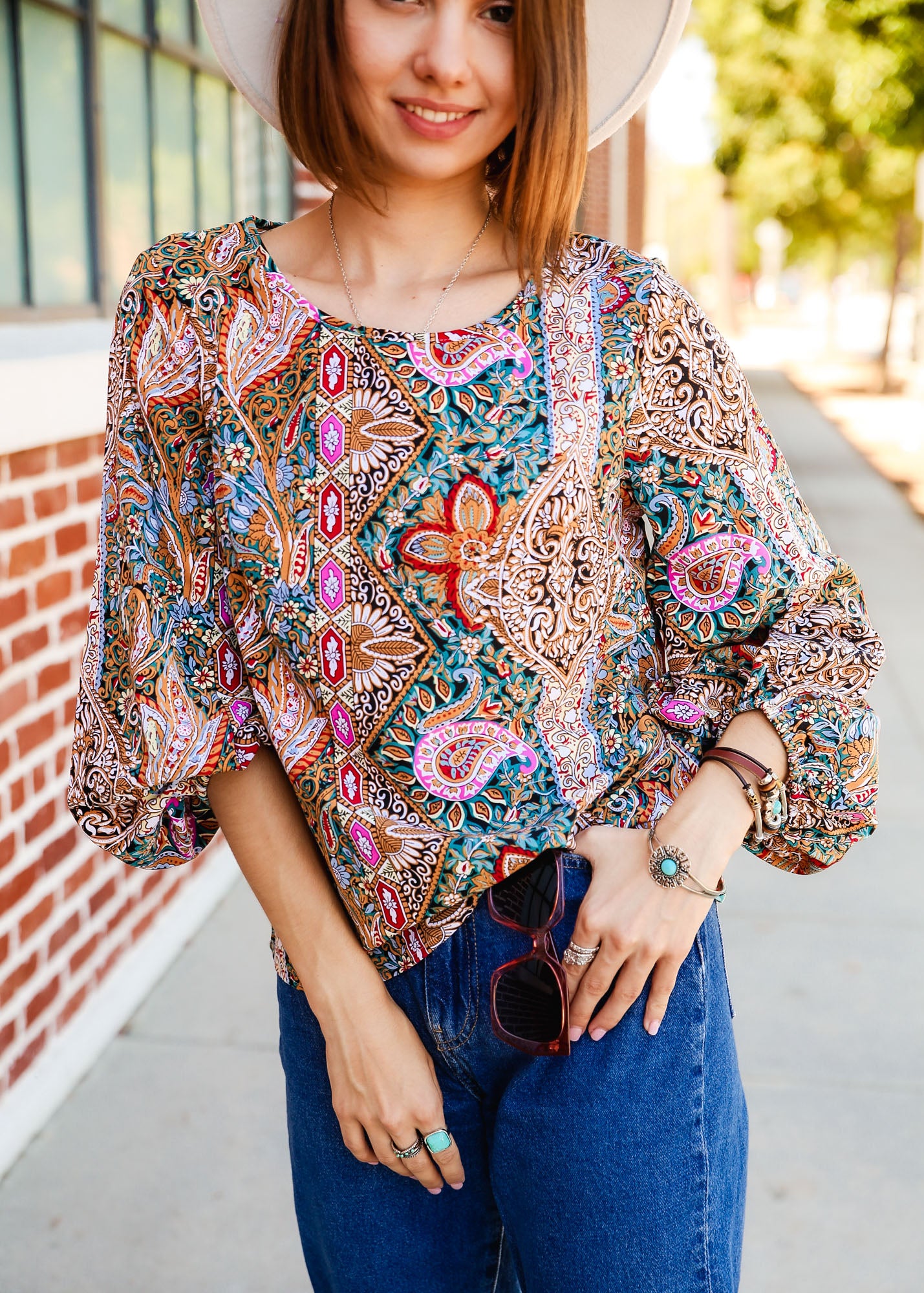 Paisley Print Lantern Long Sleeve Bishop Blouse