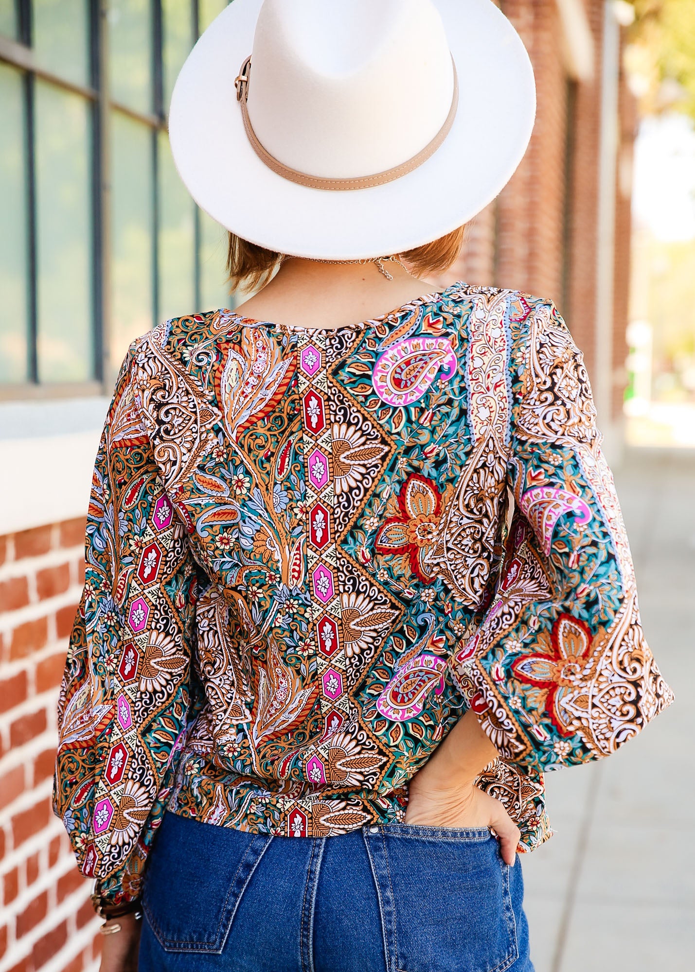 Paisley Print Lantern Long Sleeve Bishop Blouse