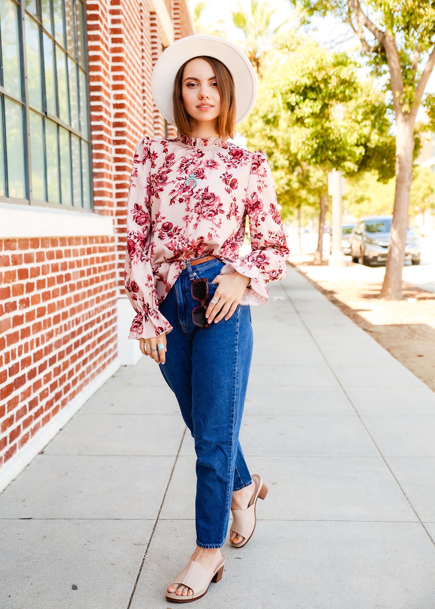 Floral Print Flare Sleeve Ruffle Neck Puffed Sleeve Blouse