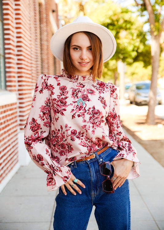 Floral Print Flare Sleeve Ruffle Neck Puffed Sleeve Blouse