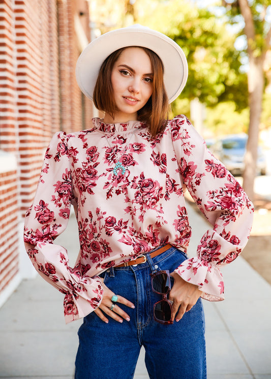 Floral Print Flare Sleeve Ruffle Neck Puffed Sleeve Blouse