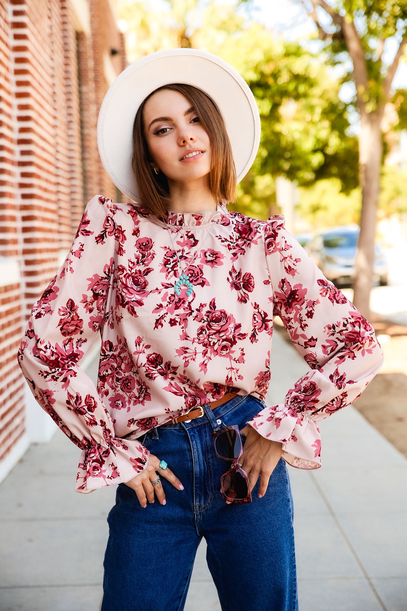 Floral Print Flare Sleeve Ruffle Neck Puffed Sleeve Blouse