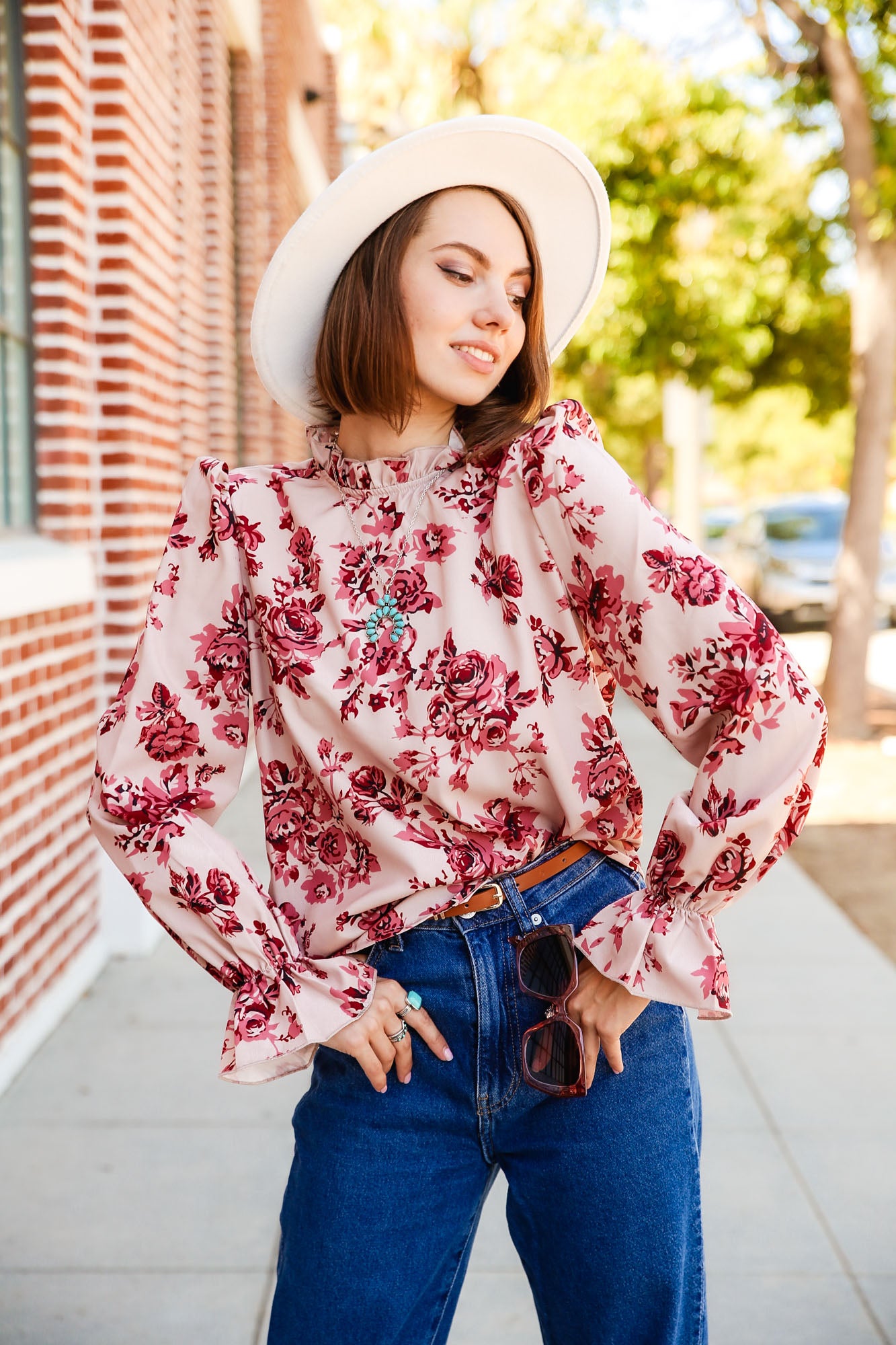 Floral Print Flare Sleeve Ruffle Neck Puffed Sleeve Blouse