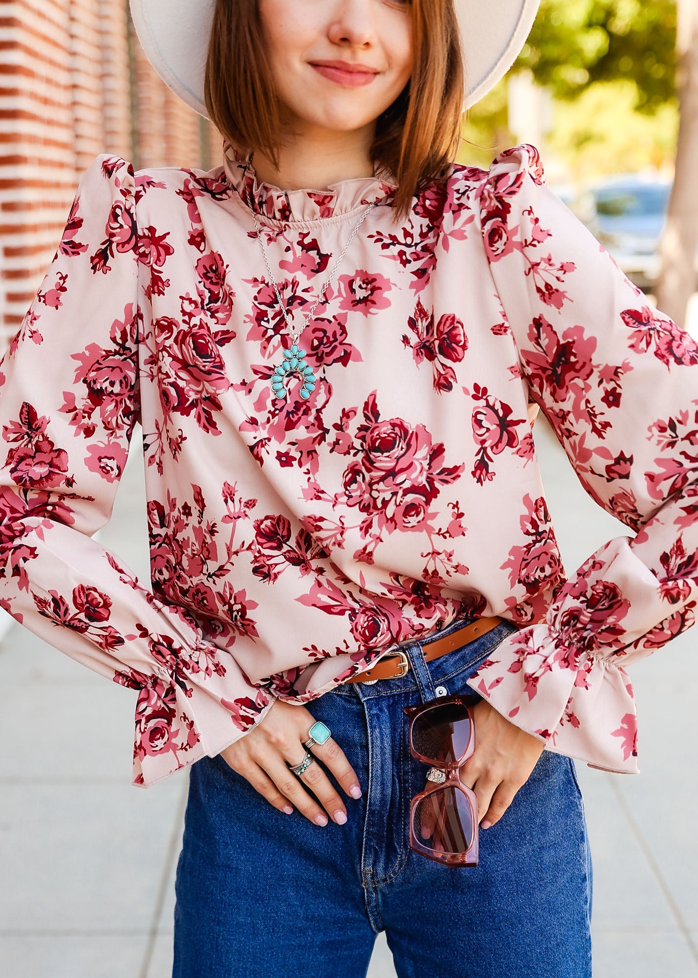 Floral Print Flare Sleeve Ruffle Neck Puffed Sleeve Blouse