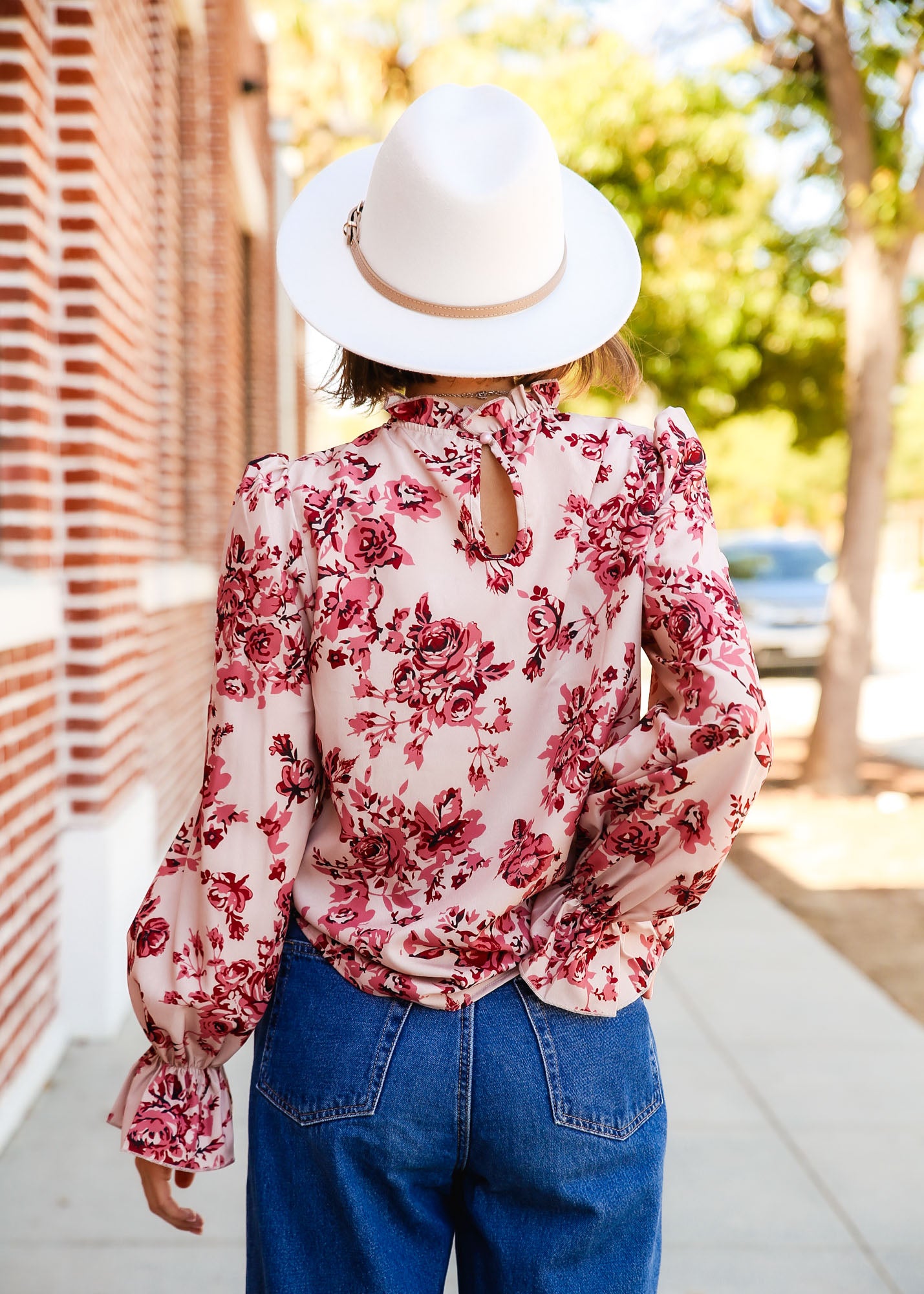 Floral Print Flare Sleeve Ruffle Neck Puffed Sleeve Blouse