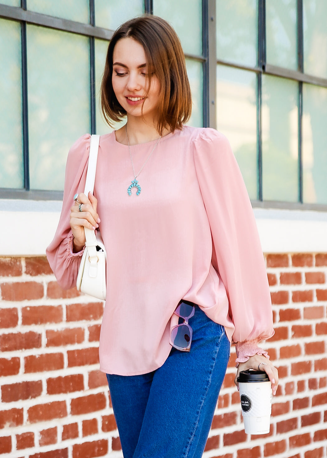 Solid Lantern Sleeve Blouse