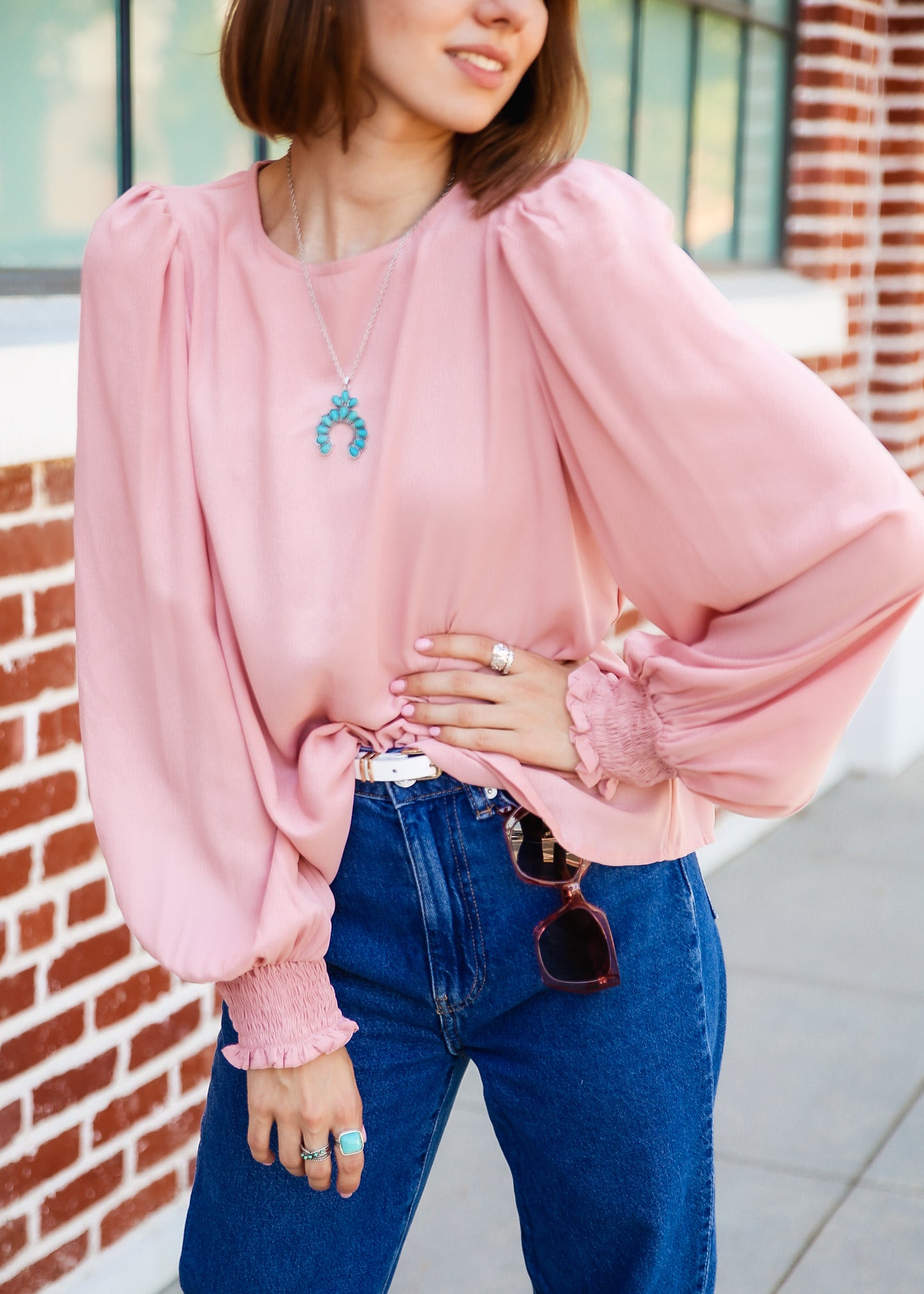 Solid Lantern Sleeve Blouse