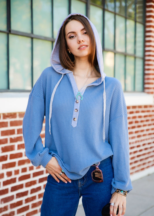 Half Button Drop Shoulder Drawstring Hooded Waffle Knit Sweatshirt